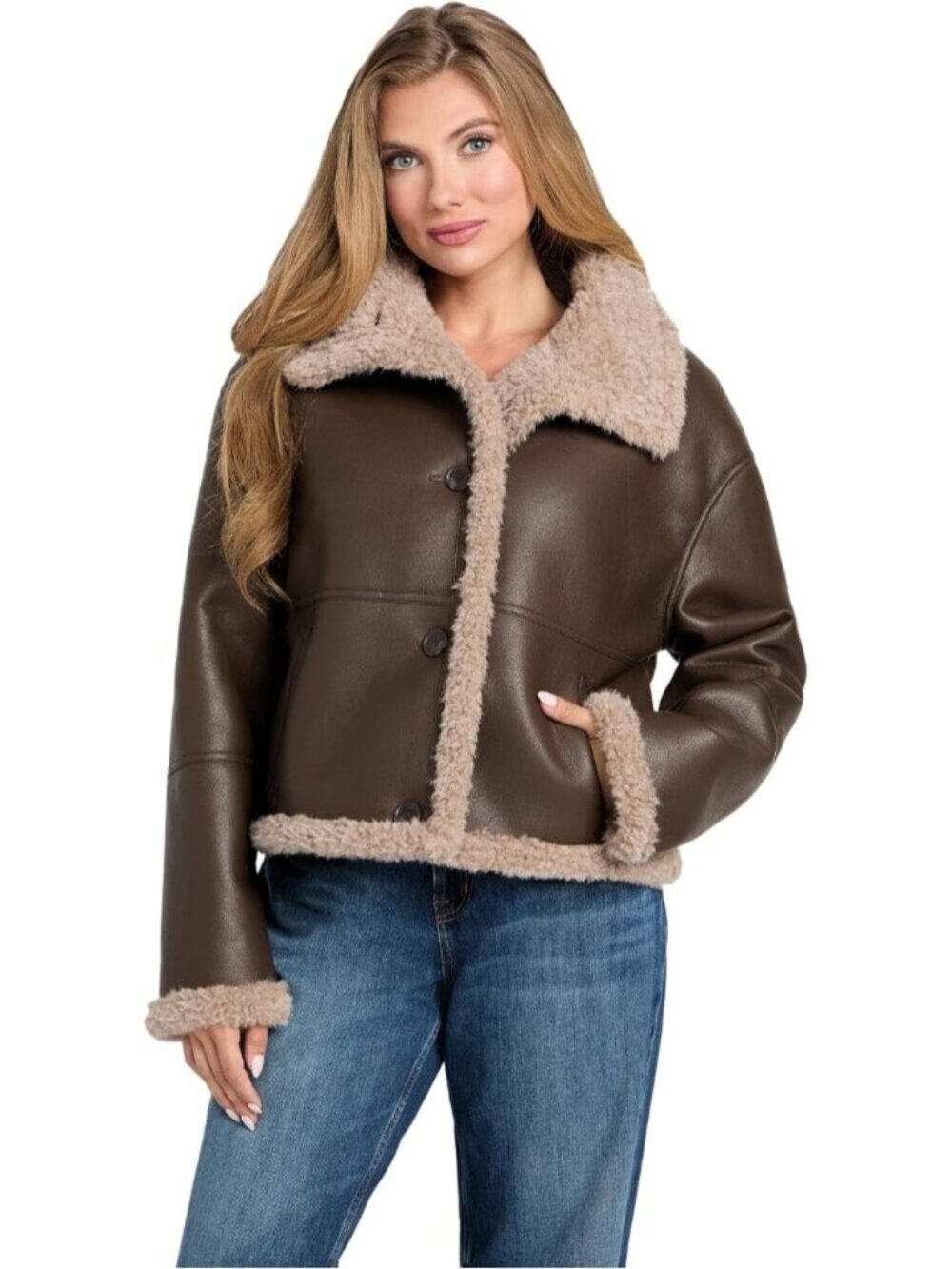 Women's Dark Luxe Brown Funnel Neck Terry Crop Faux Shearling Lined Jacket